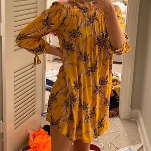 yellow floral off the shoulder mini dress